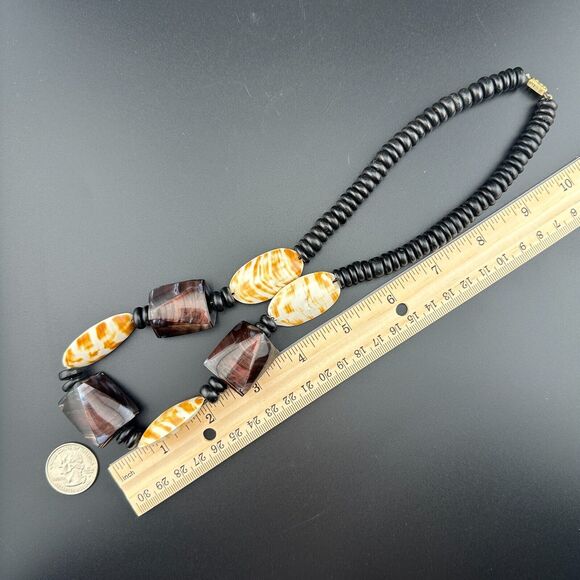 Vintage Handmade Chunky Seashell Coconut Shell Beads Necklace MOP 11" Black Tan - Picture 9 of 9